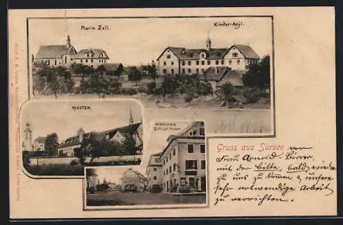 AK Sursee, Handlung J. Meier-Huber, Kirche Maria Zell und Kinder-Asyl, Koster