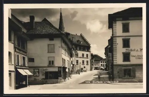 AK Sursee, Strassenpartie mit Geschäften in der Unterstadt