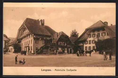 AK Langnau /Emmental, Dorfpartie mit Pferdewagen