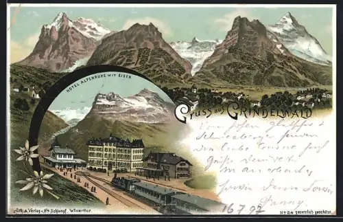 Lithographie Grindelwald, Hotel Alpenruhe mit Eiger, Bahnhof, Eisenbahn