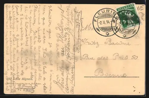 AK Fleurier, Strassenpartie mit Hotel-Pension B. de la Gare