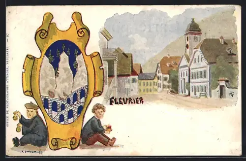 Künstler-AK Fleurier, Teilansicht mit Kirche, Wappen