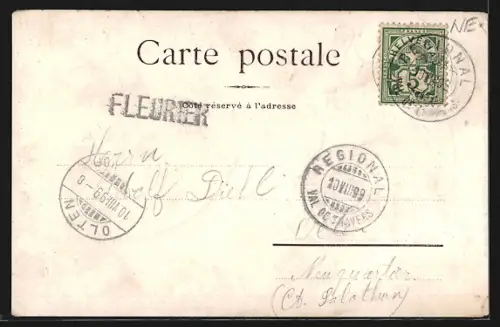 Künstler-AK Fleurier, Teilansicht mit Kirche, Wappen