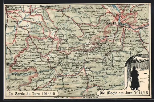 Künstler-AK Delemont, Die Wacht am Jura 1914-15, Landkarte mit Liestal, Lörrach und Altkirch