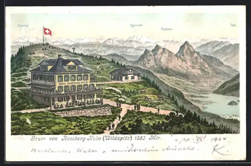 Lithographie Rossberg-Kulm, Wildspitz, Hotel Rossberg Kulm mit Glärnisch, Tödi und Mythen