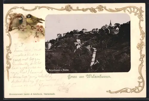 Lithographie Walzenhausen, Teilansicht von Westen, Zwei Vögel auf Zweigen, Passepartout