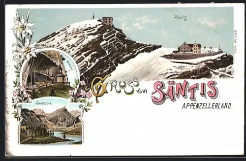 Winter-Lithographie Säntis, Gasthaus und Schutzhaus, Wildkirchli und Seealpsee im Winter