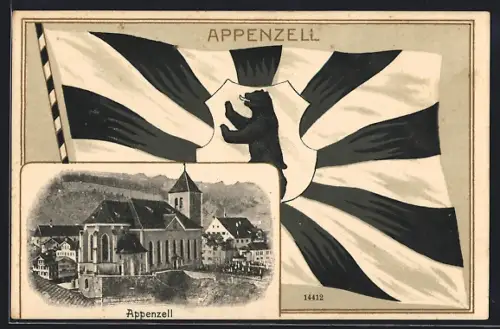 AK Appenzell, Ortspartie mit Kirche auf Appenzeller Fahne