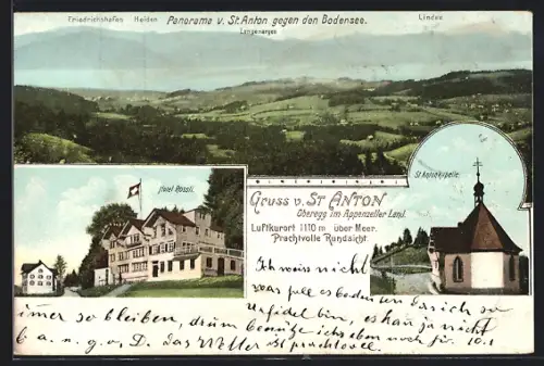 AK St. Anton /Oberegg, Hotel Rössli, St. Antonkapelle, Panorama mit Friedrichshafen u. Lindau gegen den Bodensee