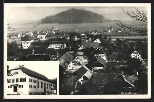 AK Schafisheim, Turnhalle, Totalansicht mit Bergblick aus der Vogelschau