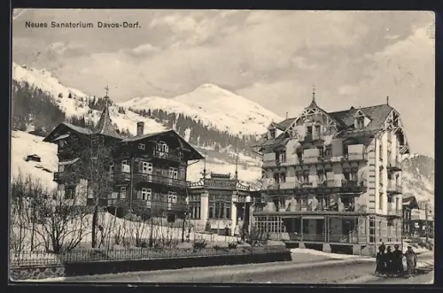AK Davos-Dorf, Neues Sanatorium mit Strassenpartie