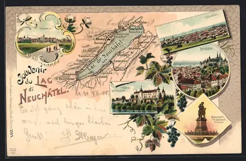 Lithographie Neuchatel, Chateau de Grandson, Monument Pestalozzi, Landkarte der Region um den See