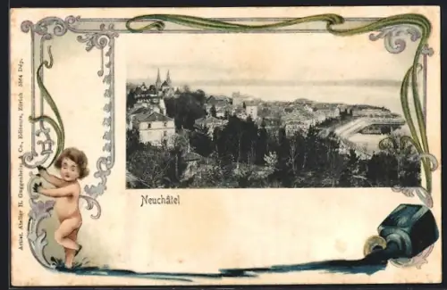 Lithographie Neuchatel, Totalansicht mit Wasserblick, Ornament-Rahmen mit umgeworfenem Tintenfass und Kind