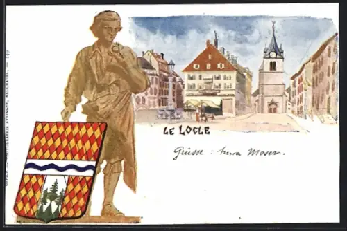 Künstler-AK Le Locle, Marktplatz mit Geschäft u. Turm, Figur mit Wappen