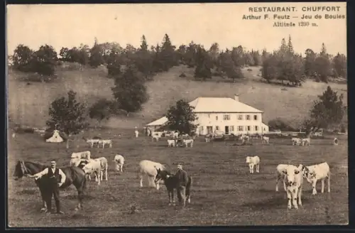 AK Villiers, Restaurant Chuffort Arthur F. Feutz mit weidenden Rindern, Pferde mit Besitzern