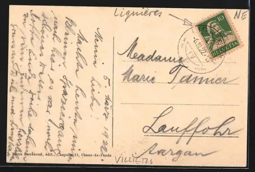 AK Villiers, Restaurant Chuffort Arthur F. Feutz mit weidenden Rindern, Pferde mit Besitzern