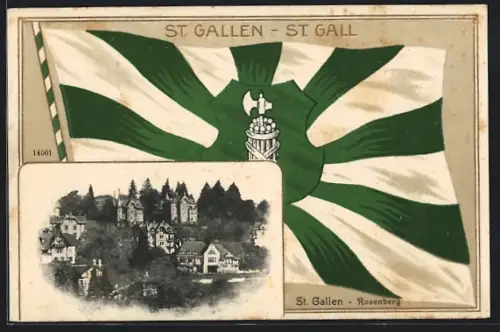 Präge-AK St. Gallen, Rosenberg, Ortsansicht, Passepartout mit Fahne und Wappen