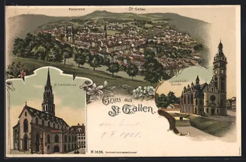 Lithographie St. Gallen, Lingenbühl-Kirche, St. Lorenzkirche, Totalansicht aus der Vogelschau