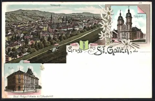 Lithographie St. Gallen, Post, Kathedrale, Totalansicht