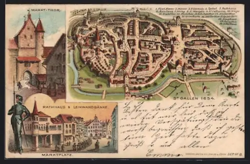 Lithographie St. Gallen, Marktplatz mit Rathaus und Leinwandbänke, Markt-Thor