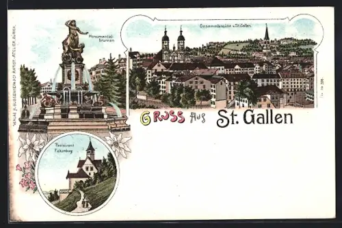Lithographie St. Gallen, Totalansicht, Monumentalbrunnen, Restaurant Falkenberg