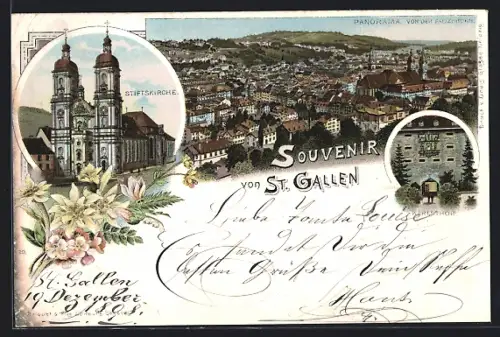 Lithographie St. Gallen, Stiftskirche, Karlsthor, Totalansicht von der Falkenburg
