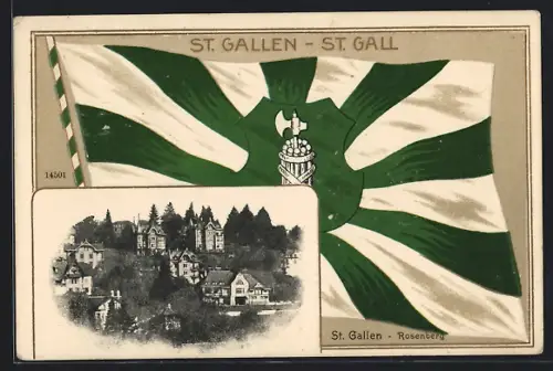 Präge-AK St. Gallen-Rosenberg, Flagge mit Wappen, Ortsansicht