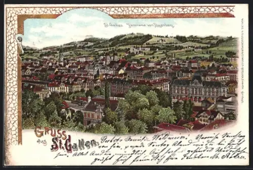 Lithographie St. Gallen, Panorama vom Rosenberg