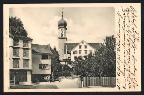 AK Rheineck, Strassenpartie mit Kirchturm und Säule