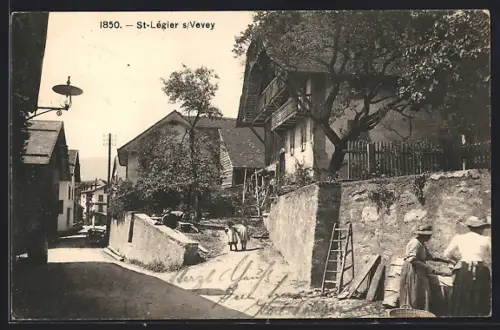 AK Saint-Légier sur Vevey, Strassenpartie mit Mauer und Aufgang, Wäscherinnen