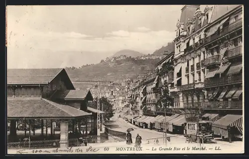 AK Montreux, La Grande Rue et le Marché, Strassenbahn