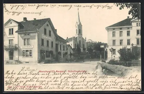 AK Menziken /Aargau, Gasthaus Waage und Kirche am Schulhausplatz