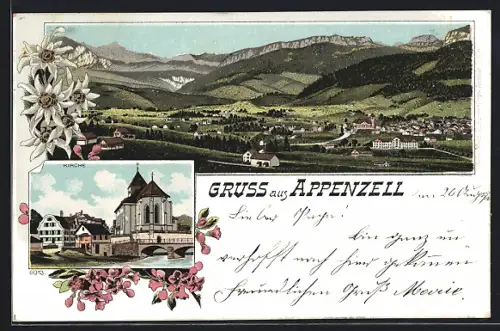 Lithographie Appenzell, Kirche im Ortsbild, Panorama