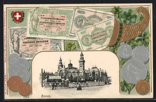 AK Zürich, Tonhalle mit Strassenpartie, Geldscheine im Horn und Münzen, Passepartout