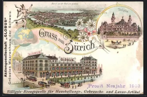 Lithographie Zürich, Haus Globus mit Pferdebahnen, Tonhalle