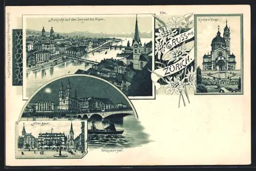 Lithographie Zürich, Grossmünster, Hotel Baur, Kirche in Enge, Panorama mit See und Alpen