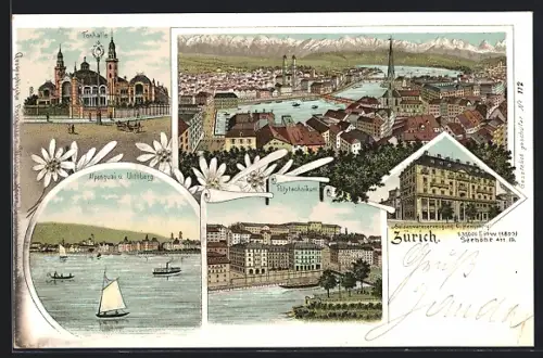 Lithographie Zürich, Alpenquai & Uitliberg, Polytechnikum, Seidenwarenerzeugung C. Henneberg