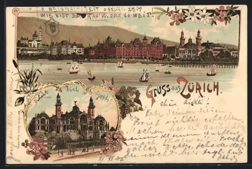 Lithographie Zürich, Tonhalle und Stadtansicht mit Segelbooten