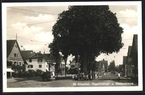AK Allschwil, Hegenheimer- und Baslerstrasse mit Geschäften