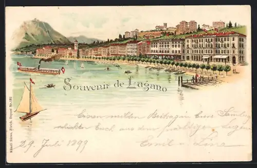 Lithographie Lugano, Partie der Promenade, Dampfer