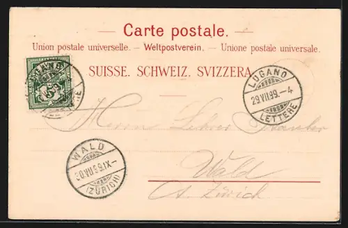 Lithographie Lugano, Partie der Promenade, Dampfer