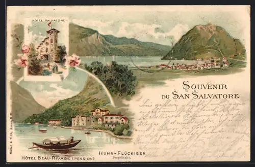 Lithographie Lugano, San Salvatore, Hotel Beau-Rivage, Hotel Salvatore, Gesamtansicht der Stadt