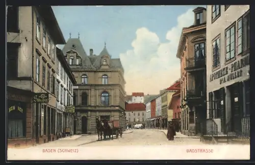 AK Baden, Badstrasse mit Apotheke Dr. A. Müller