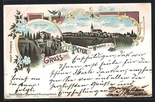 AK St. Peter am Wimberg, Gesamtansicht und Ruine Pürnstein