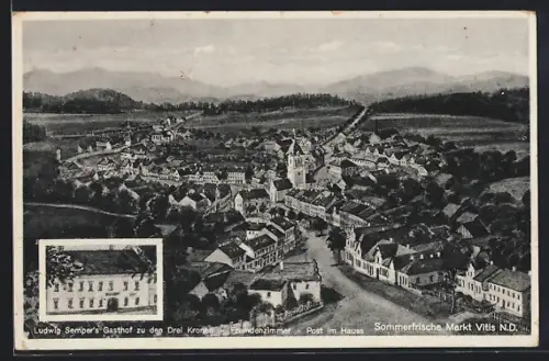 AK Vitis /N. D., Ludwig Semper`s Gasthof zu den Drei Kronen mit Ortsansicht