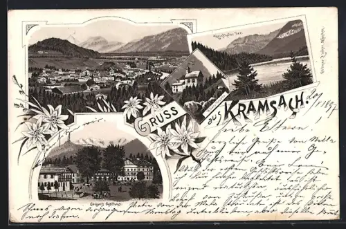 Lithographie Kramsach, Gesamtansicht, Geiger`s Gasthaus, Reinthaler See