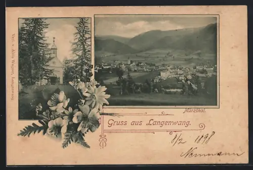 AK Langenwang, Kirche, Panorama mit Blick ins Mürzthal