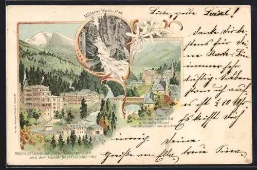 Künstler-AK Gastein, Grand-Hotel Gasteiner Hof, Schwarzenbergsanlagen, Wasserfall, Gamskehrkogel