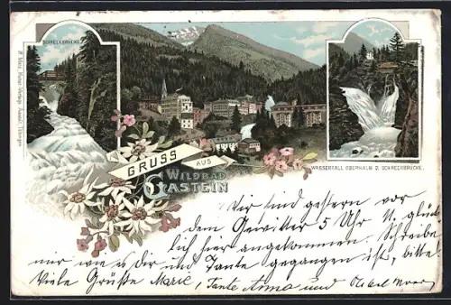 Künstler-AK Gastein, Panorama, Schreckbrücke, Wasserfall oberhalb der Schreckbrücke