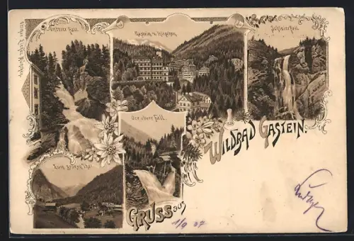 Künstler-AK Gastein, Ortsansicht, Unterer Fall, oberer Falle, Schleierfall, zum grünen Thal